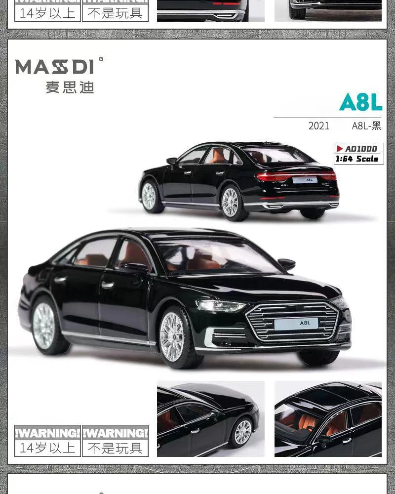 MASDI 1:64 A8L 2021 Black Diecast Model Car