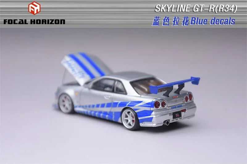 Focal Horizon FH 1:64 Skyline GT-R R34 FNF C-West Silver Blue Die-Cast Car Model Collection Miniature