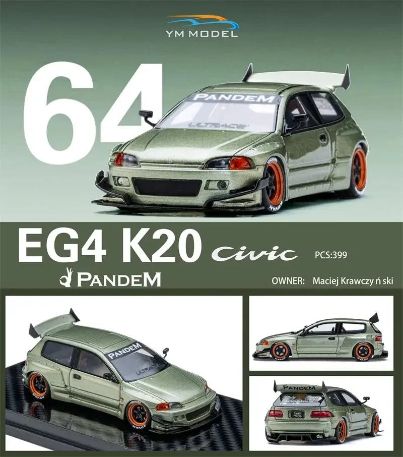 YM model 1:64 Civic EG4 K20 Pandem Metallic green limited399 Resin Car Model Collection Miniature