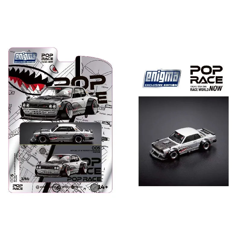 Pop Race 1:64 Skyline GT-R Hakosuka V8 Drift Silver Shark Enigma Blister Card Ver Diecast Model Car