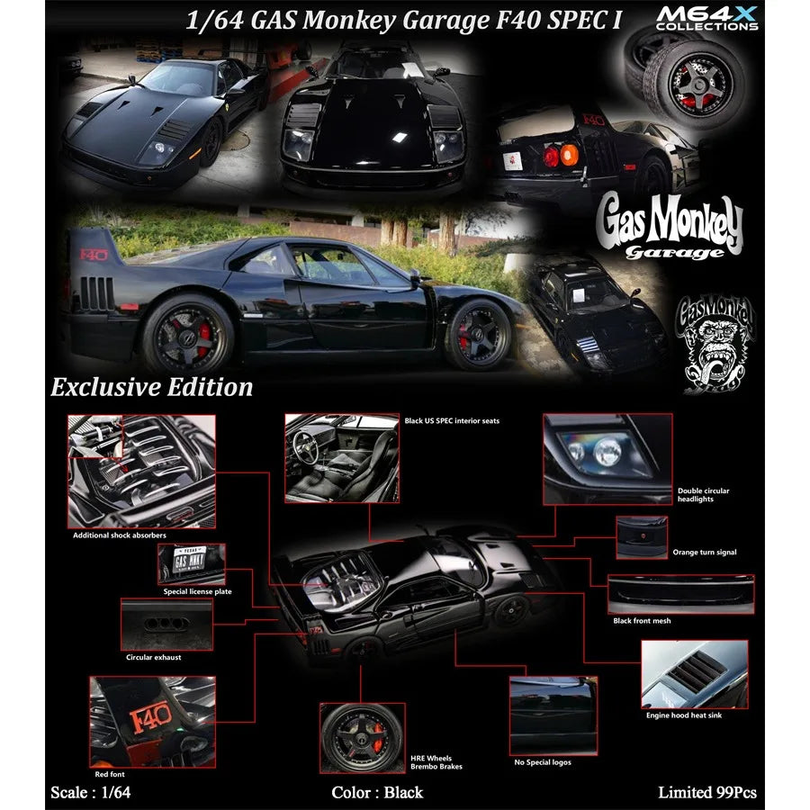 MY64 M64X 1:64 Classic F40 LM / Gas Monkey Garage HRE3 Penske Racing SPEC I BLACK Limited Resin Model Car