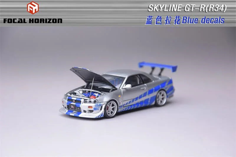 Focal Horizon FH 1:64 Skyline GT-R R34 FNF C-West Silver Blue Die-Cast Car Model Collection Miniature
