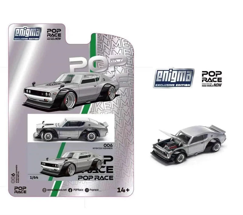 Enigma X Pop Race 1:64 Skyline GT-R KPGC110 Kenmeri V8 Drift Silver Blister Pakcage Diecast Model Car