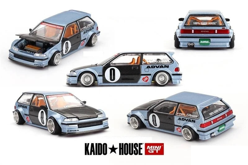 Kaido House x MINI GT 1:64 Trueno AE86 / 510 Og Flo Yellow / Civic (EF) V1 Diecast Model Car