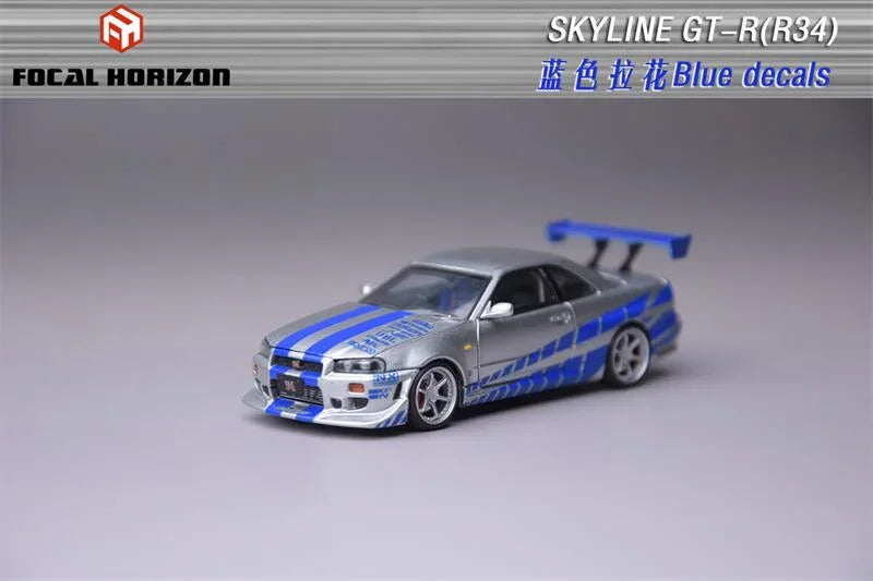 Focal Horizon FH 1:64 Skyline GT-R R34 FNF C-West Silver Blue Die-Cast Car Model Collection Miniature