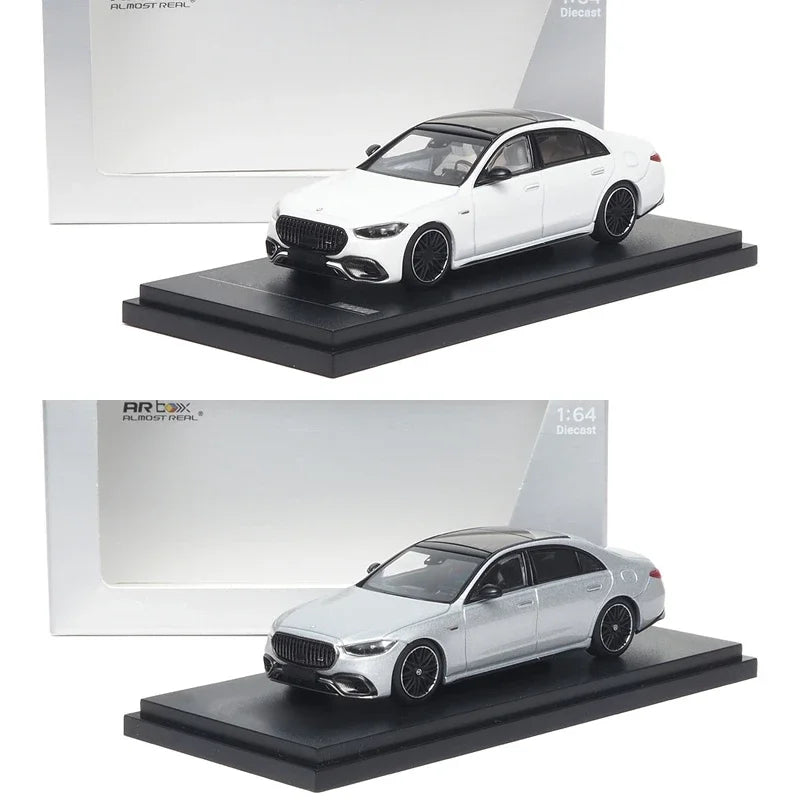 AR Box 1:64 S Class S63 E Opalith White Bright / High-Tech Silver OCollection Miniature Diecast Metal Model Car