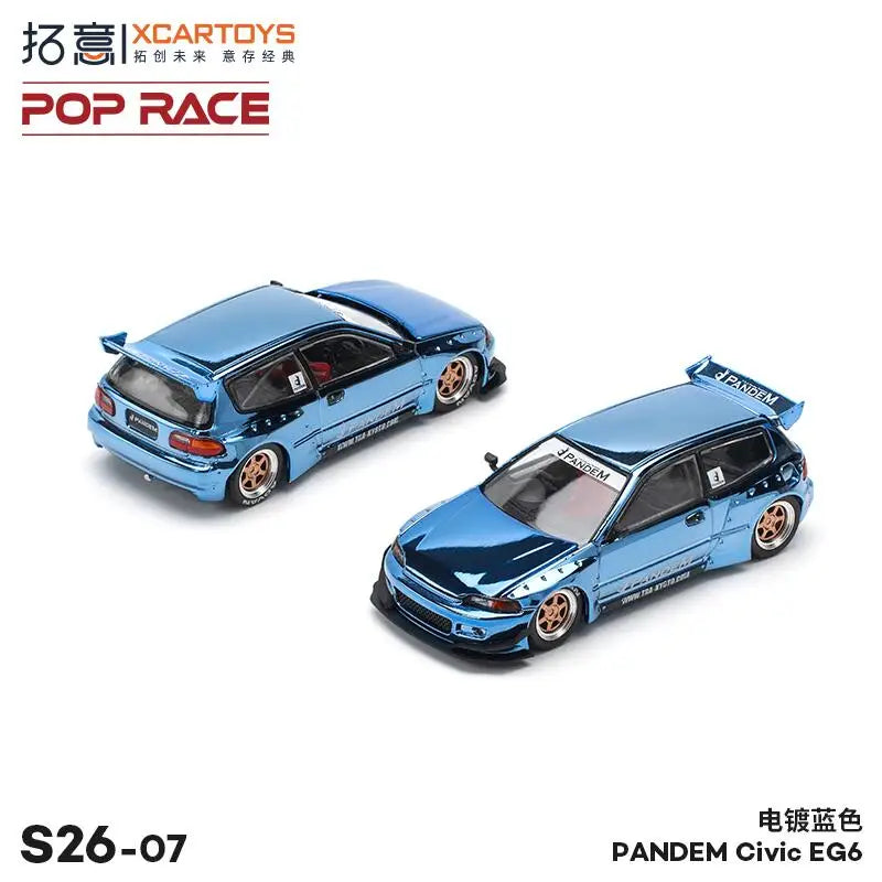 Xcartoys x POP RACE 1:64 Pandem Civic EG6 Chrome Blue Diecast Model Car