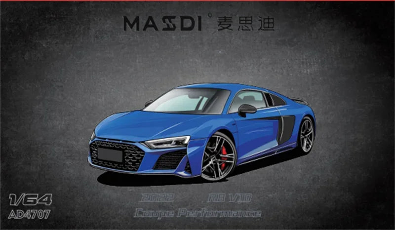 MASDI 1:64 R8 V10 Coupe Performance 2022 Blue / Silver Die-Cast Car Model Collection Miniature