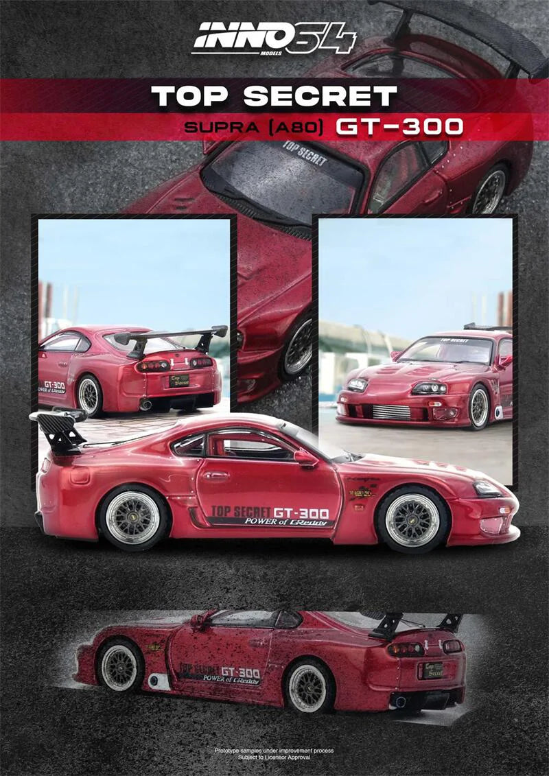INNO 1:64 SUPRA (A80) TOP SECRET GT300 R89C RX7 MR2 SW20 GR86 PANDEM R32 R34 SAVANNA RX3 Diecast Model Car