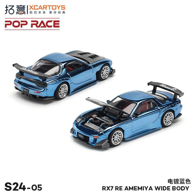 Xcartoys x POP RACE 1:64 RX-7 Re-Amemiya Widebody Chorome Blue Diecast Model Car