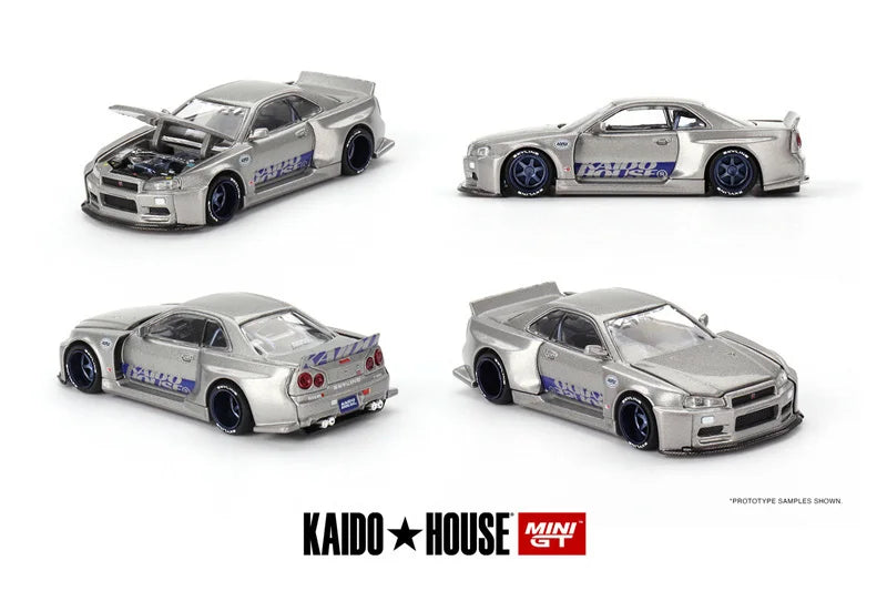 Kaido House x MINI GT 1:64 Skyline GT-R (R34) Kaido Works SHINJUKU V1 Silver Diecast Model Car