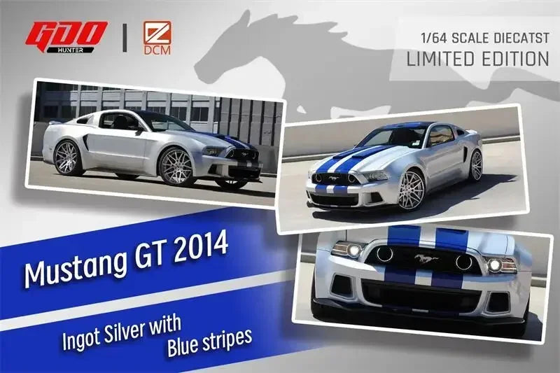 GDO Hunter x DCM 1:64 Mustang GT 2014 NFS Ingot Silver with Blue stripes Diecast Model Car