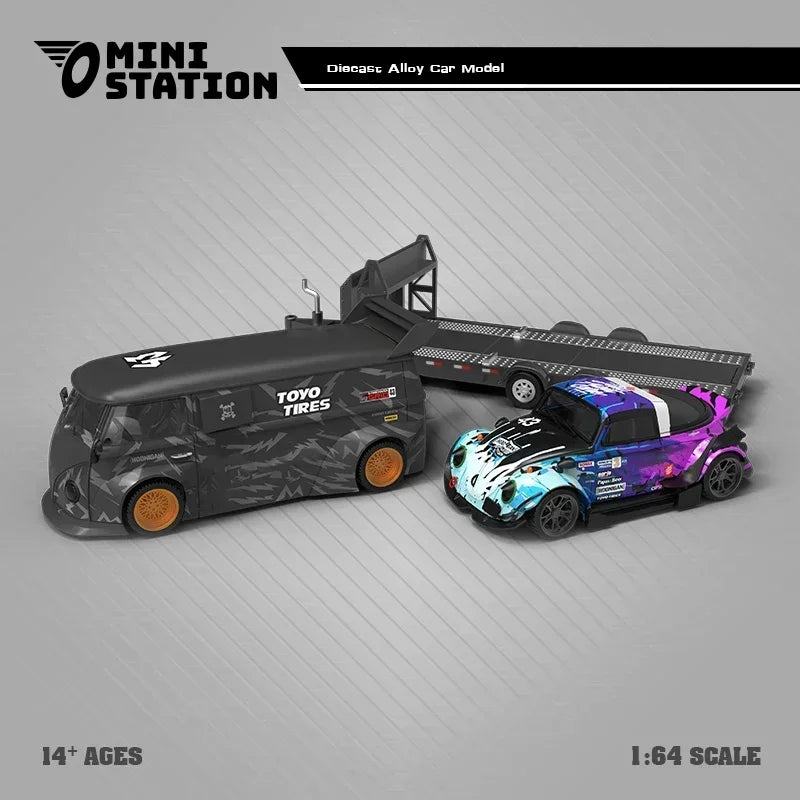 Mini Station  1:64 RWB 964 43 Ken Block  / Targa Block43 Trailer Set Diecast Model Car