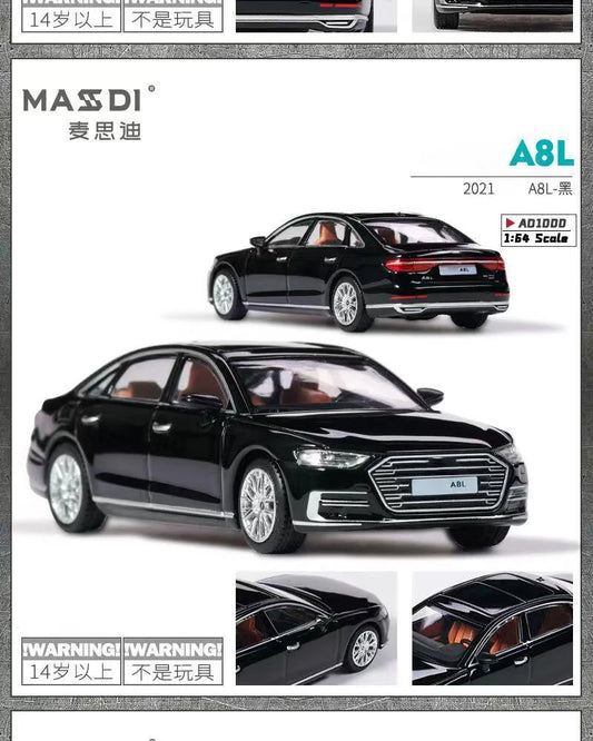 MASDI 1:64 A8L 2021 Black Diecast Model Car