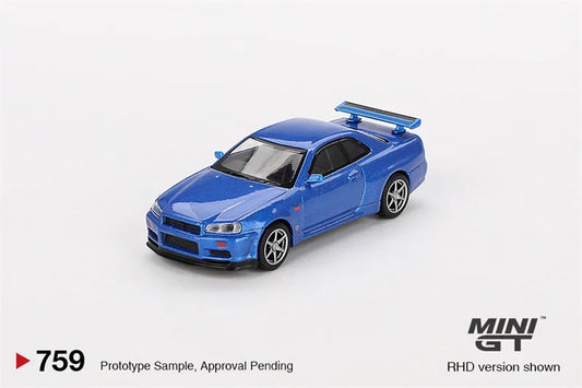 **Pre-Order** MINI GT 1:64 Skyline GT-R (R34) W-Spec Bayside RHD Blue Diecast Model Car