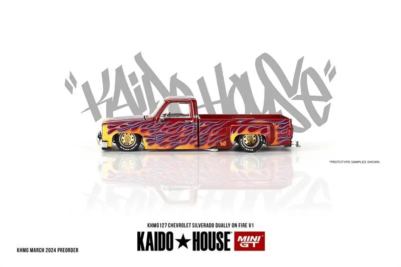 Kaido House x MINI GT 1:64 Chevrolet Silverado Dually on Fire V1 Diecast Model Car