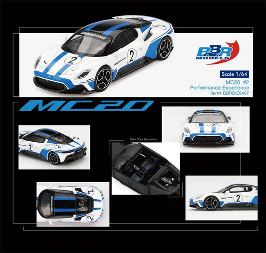 BBR 1:64 MC20 #2 Performance Experience White Blue stripe Die-Cast Car Model Collection Miniature