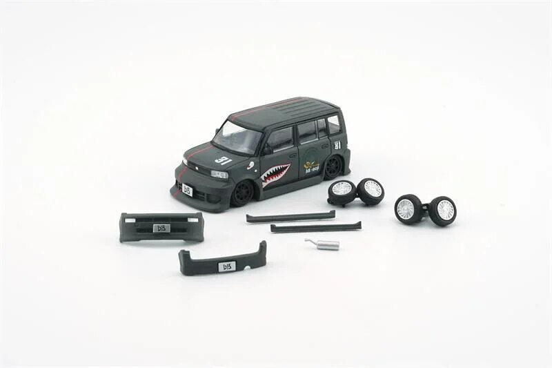 BM Creations 1:64 2000 bB - Matte Green + P40 Tiger Pattern RHD Diecast Model Car