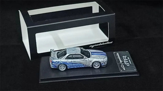 Model Collect MC 1:64 SKYLINE R34 V-SPEC Silver blue Cel Shade / Top Secret Diecast Model Car