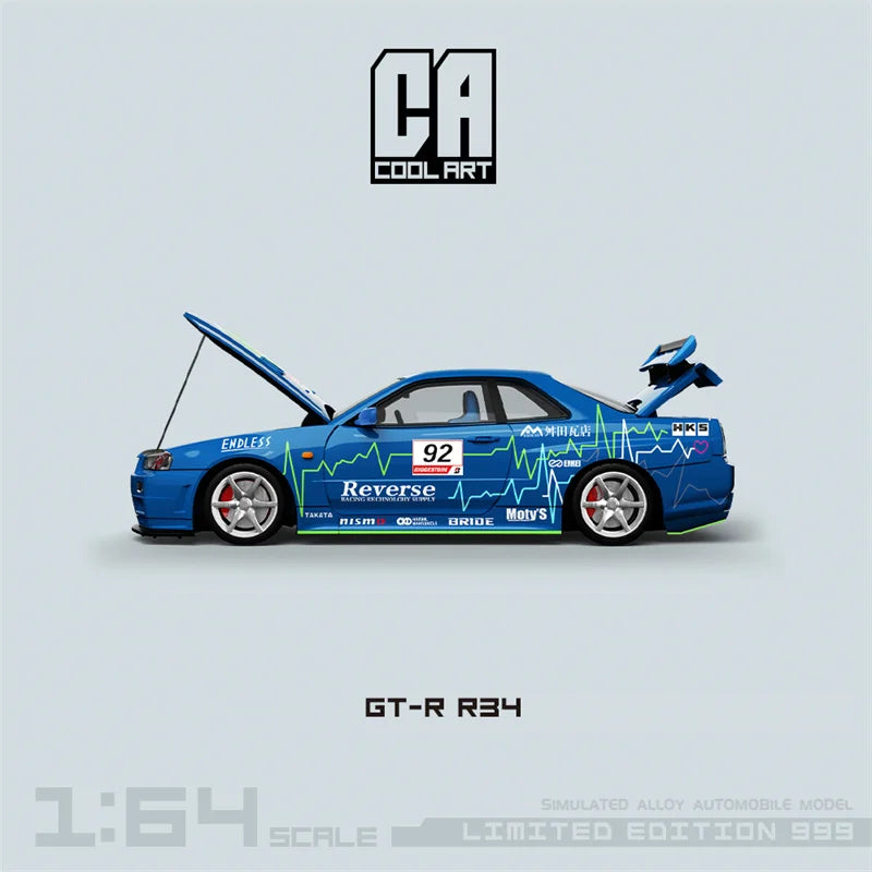 COOL ART 1:64 GT-R R34 Blue#92 Limited999 Diecast Model Car