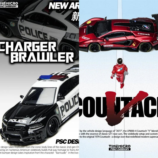 **Pre-Order** Time Micro × PSC DESIGN 1:64 Countach "V" Scarlet Red Charger "Brawler" Police Diecast Model Car