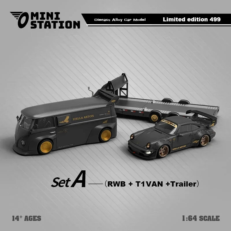 Mini Station  1:64 RWB & T1 Van Stella Artois Matte Black w/Trailer Set A / B limited499 Diecast Model Car