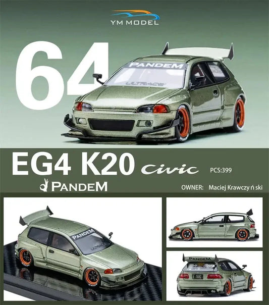 YM model 1:64 Civic EG4 K20 Pandem Metallic green limited399 Resin Car Model Collection Miniature