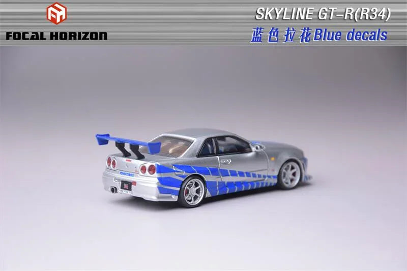 Focal Horizon FH 1:64 Skyline GT-R R34 FNF C-West Silver Blue Die-Cast Car Model Collection Miniature