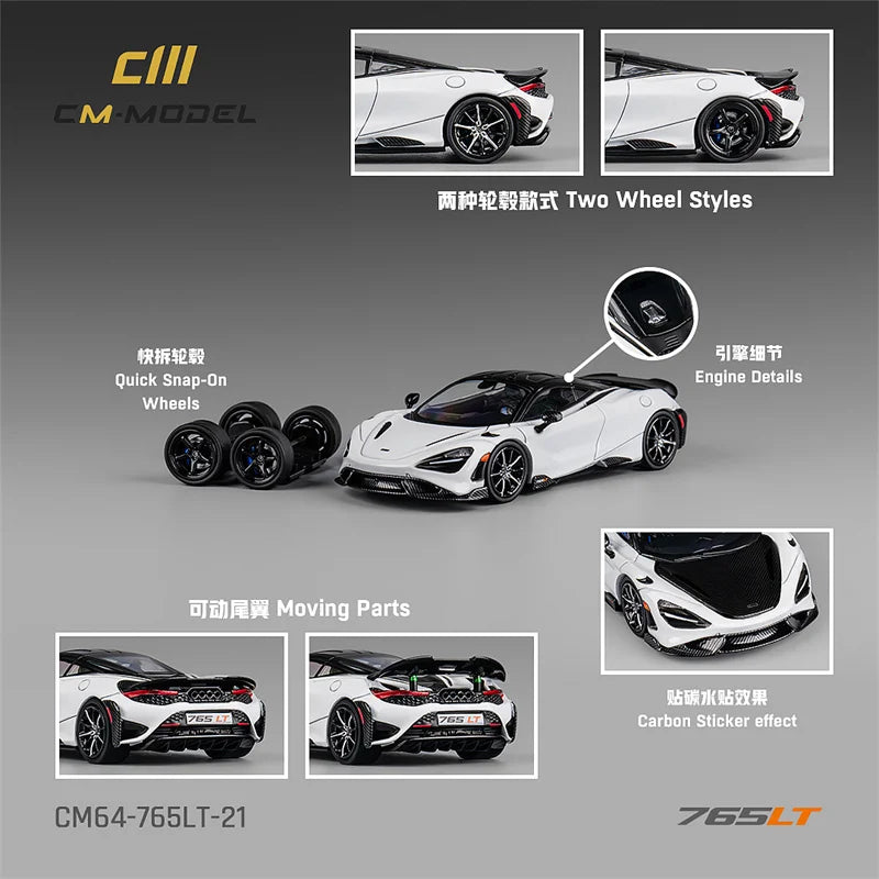 **Pre-Order** CM MODEL  1:64 765LT White with carbon hood White Diecast Model Car