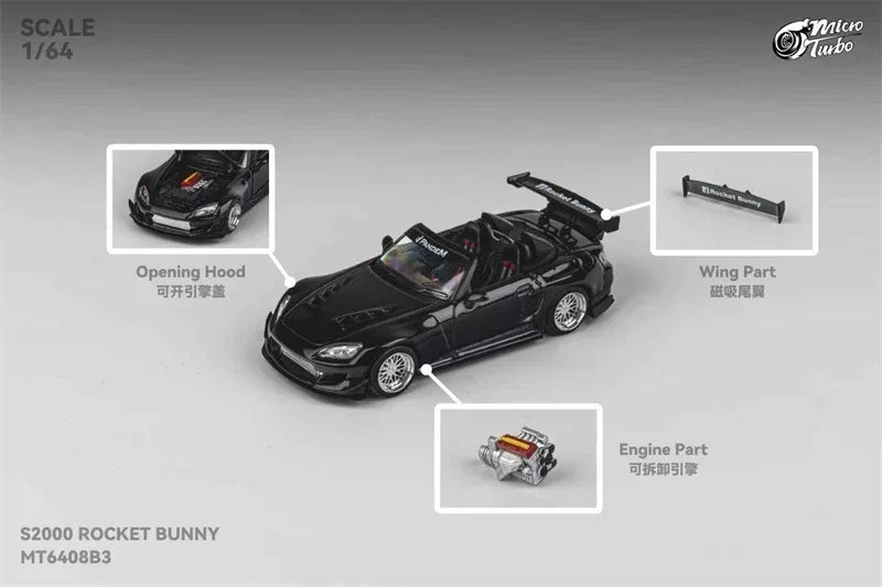 Micro Turbo 1:64 S2000 Rocket Bunny Metal Black Diecast Model Car