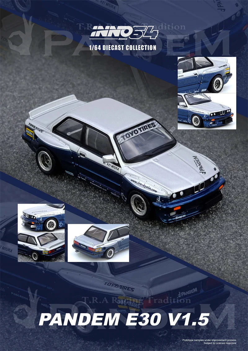 INNO 1:64 PANDEM E30 M3 Silver Blue Die-Cast Car Model Miniature Gifts