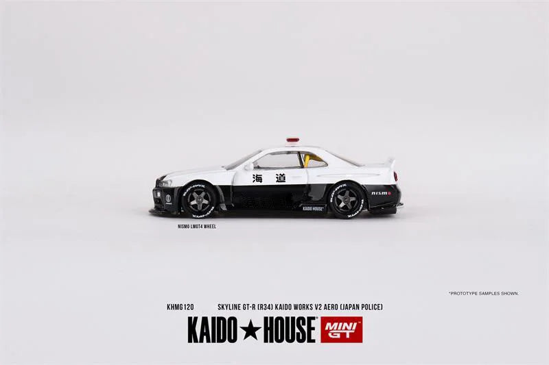 Kaido House x MINI GT 1:64 Skyline GT-R R34 Kaido Works (V2 Aero) Police Diecast Model Car