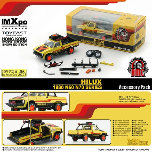 BM Creations 1:64 1980 Hilux N60, N70 -Yellow w/Accessory (LHD) Diecast Model Car