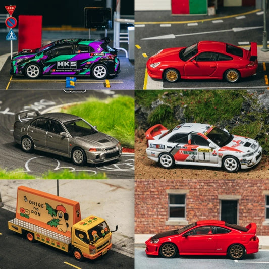 Tarmac Works 1:64  GR Corolla HKS GT3 996 Red Lancer GSR IV Monte-Carlo 1997 #1 Fuso Canter Integra DC5 Model Car