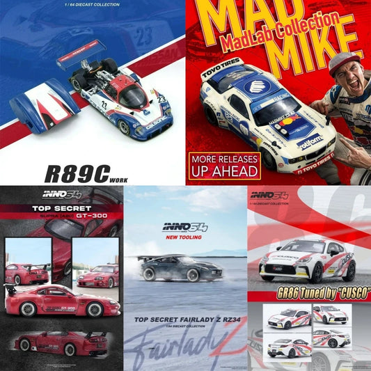 INNO 1:64 SUPRA (A80) TOP SECRET GT300 R89C RX7 MR2 SW20 GR86 PANDEM R32 R34 SAVANNA RX3 Diecast Model Car