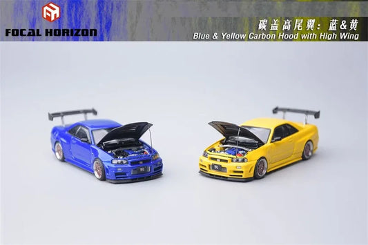 Focal Horizon FH 1:64 Skyline R34 Z-Tune with High Wing Carbon-Hood Bayside Blue / Yellow Diecast Model Car