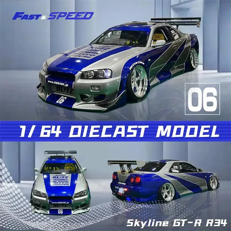 Fast Speed FS 1:64 Skyline GTR R34 BNR34 SilverBlue Diecast Model Car