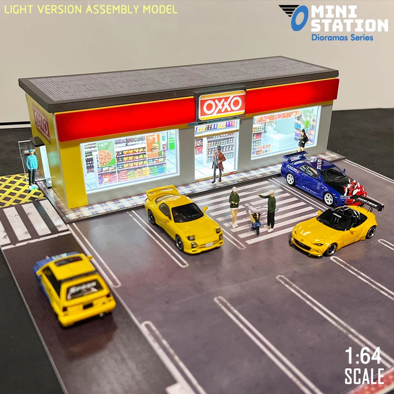 Mini Station  1:64 Led lights Dioramas shop with parking OXXO