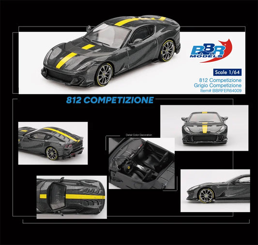 BBR64 1:64 812 Competizione Grigio Grey w/Yellow stripe BBRFER64009 Diecast Model Car