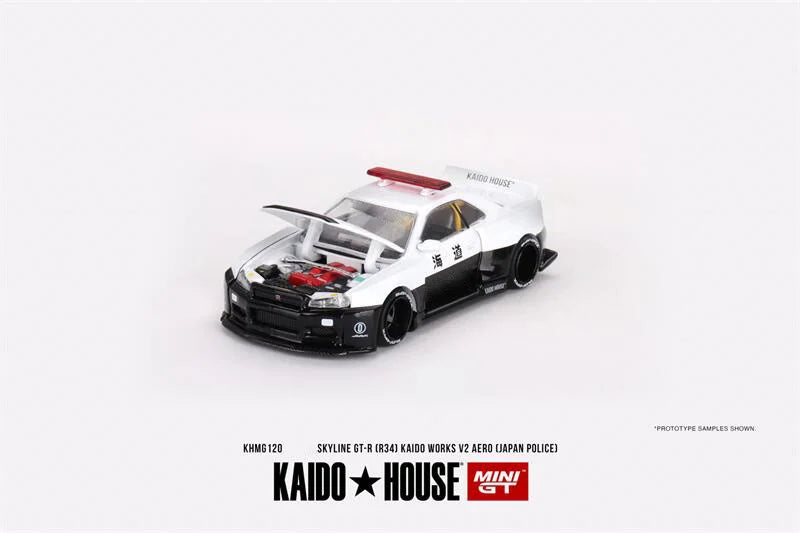 Kaido House x MINI GT 1:64 Skyline GT-R R34 Kaido Works (V2 Aero) Police Diecast Model Car