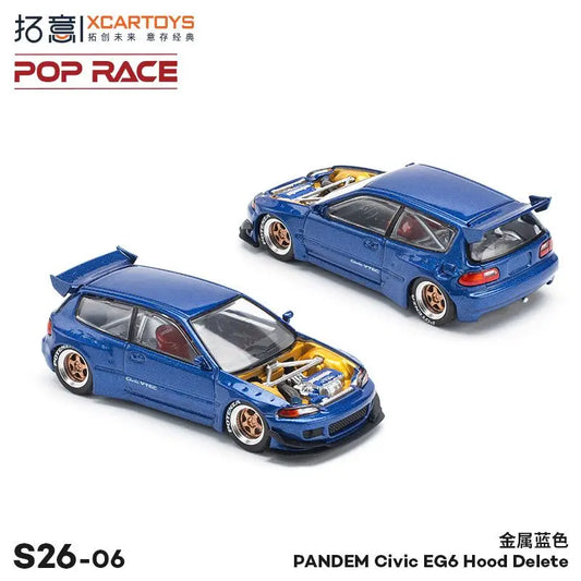 Xcartoys x POP RACE 1:64 PANDEM Civic EG6 With Open Hood Metallic Blue Diecast Model Car