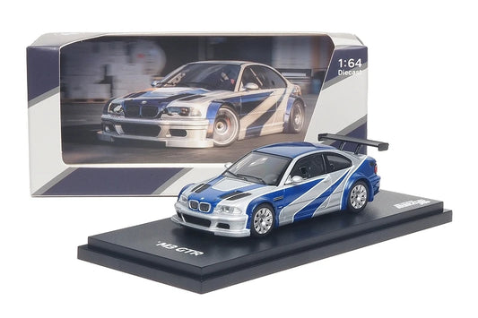 AR Box 1:64 M3 E46 GTR Silver with Blue Strips NFS Need For Speed Diecast Model Car