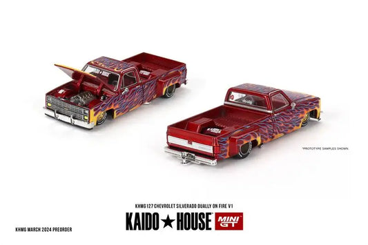 Kaido House x MINI GT 1:64 Chevrolet Silverado Dually on Fire V1 Diecast Model Car