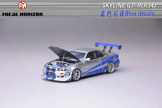 Focal Horizon FH 1:64 Skyline GT-R R34 FNF C-West Silver Blue Die-Cast Car Model Collection Miniature