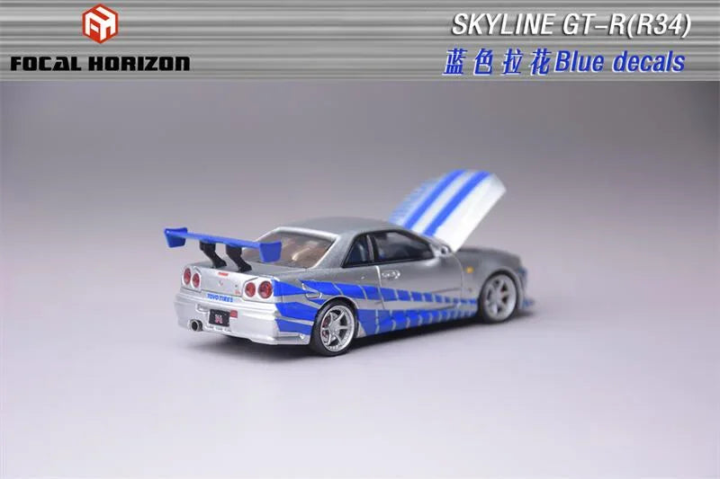 Focal Horizon FH 1:64 Skyline GT-R R34 FNF C-West Silver Blue Die-Cast Car Model Collection Miniature