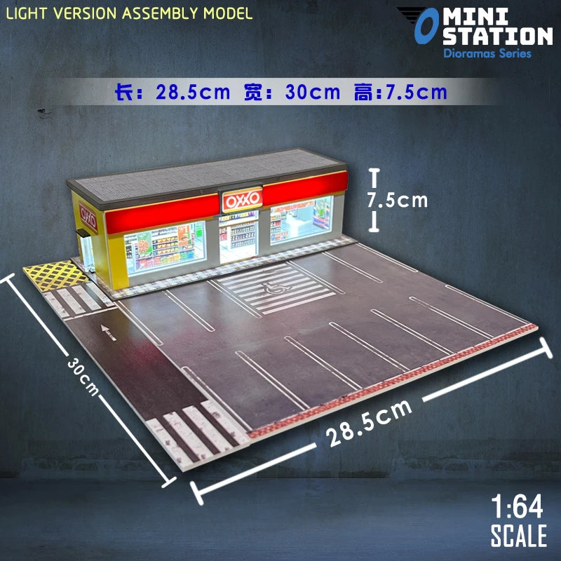 Mini Station  1:64 Led lights Dioramas shop with parking OXXO