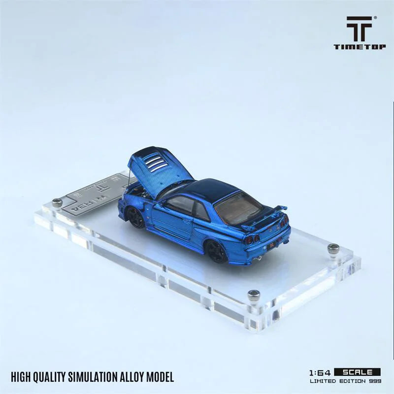 TimeTop 1:64 GTR34 Chrome Blue Carbon limited999 Diecast Model Car