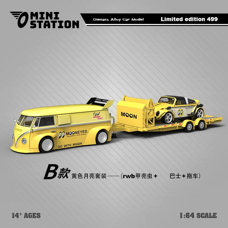 Mini Station  1:64 Mooneyes T1 Van & Beetle Targa w/Trailer limited499 Diecast Model Car