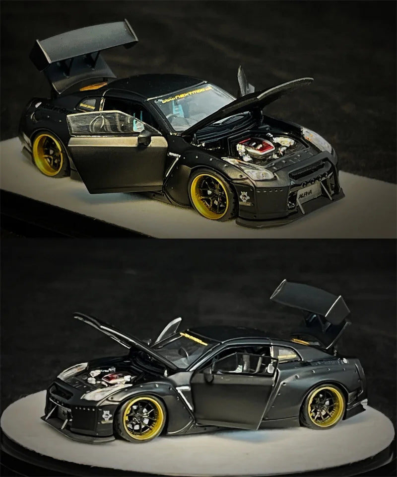 PGM 1:64 R34 Z-TUNE Green Rocket Bunny R35 Matte Black / GTR R32 Metallic Grey Diecast Model Car