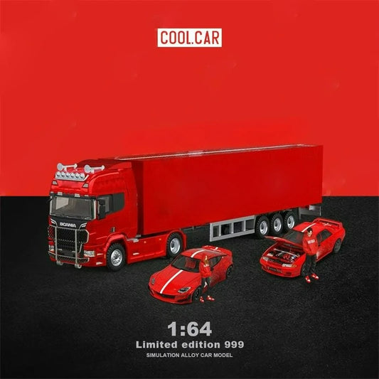 Cool Car 1:64 Scania container truck with cars & figures set Red Diecast Model Car